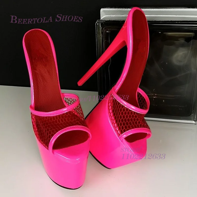 Mesh Peep Toe Open Platform Slippers Women Purple Pink Bright Color Slingback Sandal Stiletto Red Heels Bling Hollow Casual Shoe