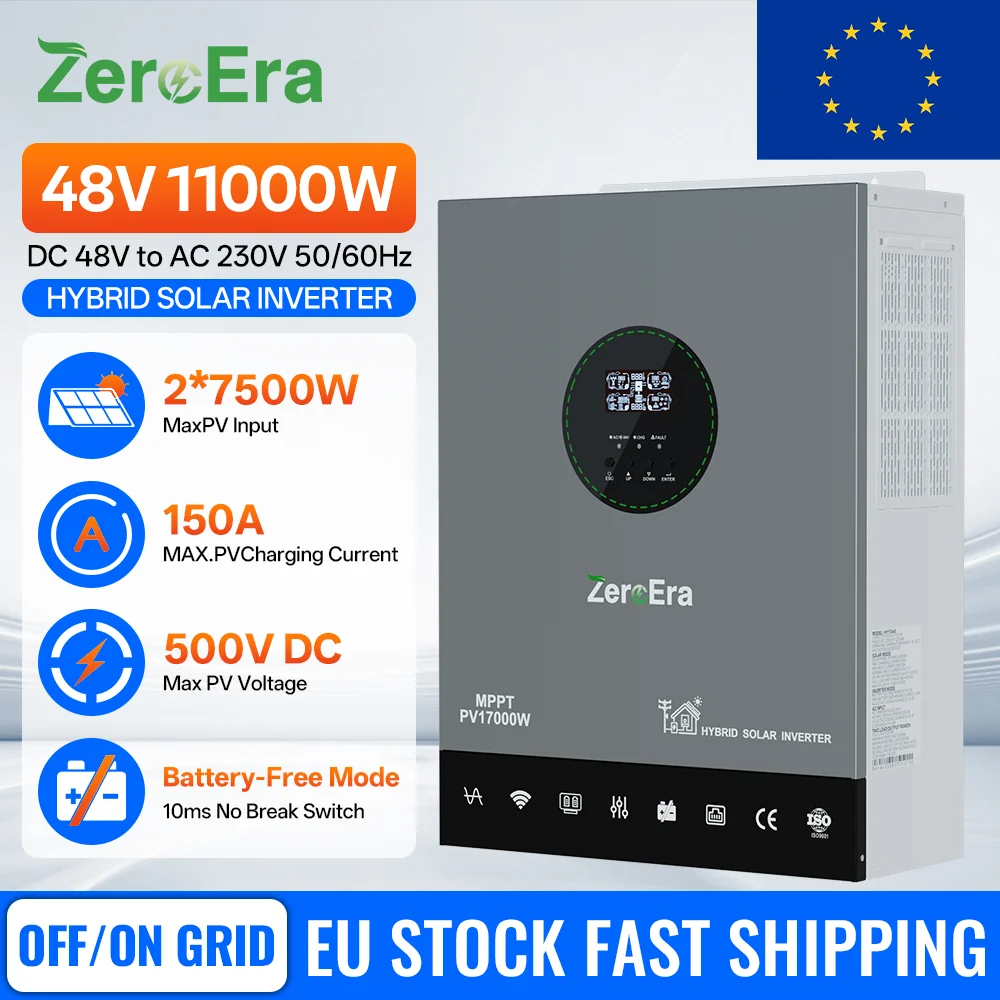 Inverter solare ibrido ZeroEra 11000W 48V DC a AC 230V 50Hz con onda sinusoidale pura e doppio regolatore MPPT da 150A, funzionamento senza batteria, modalità off-grid e on-grid, monitoraggio tramite