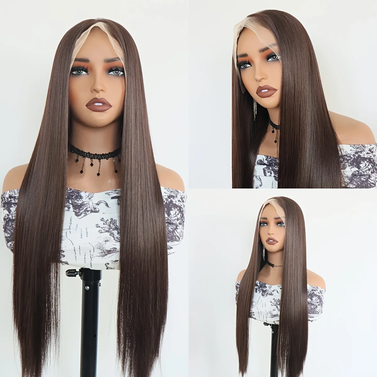 Lace Hand Wig with Natural Deep Brown High-Temperature Hair - Long Straight Suitable for Skin Tones, Daily Wear & Scalp Care