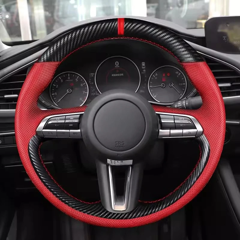 

Для Mazda 3 Axela 6 Atenza CX4 CX5 CX30 CX8 кожаный чехол из углеродного волокна сшитый вручную чехол на руль аксессуары для салона автомобиля