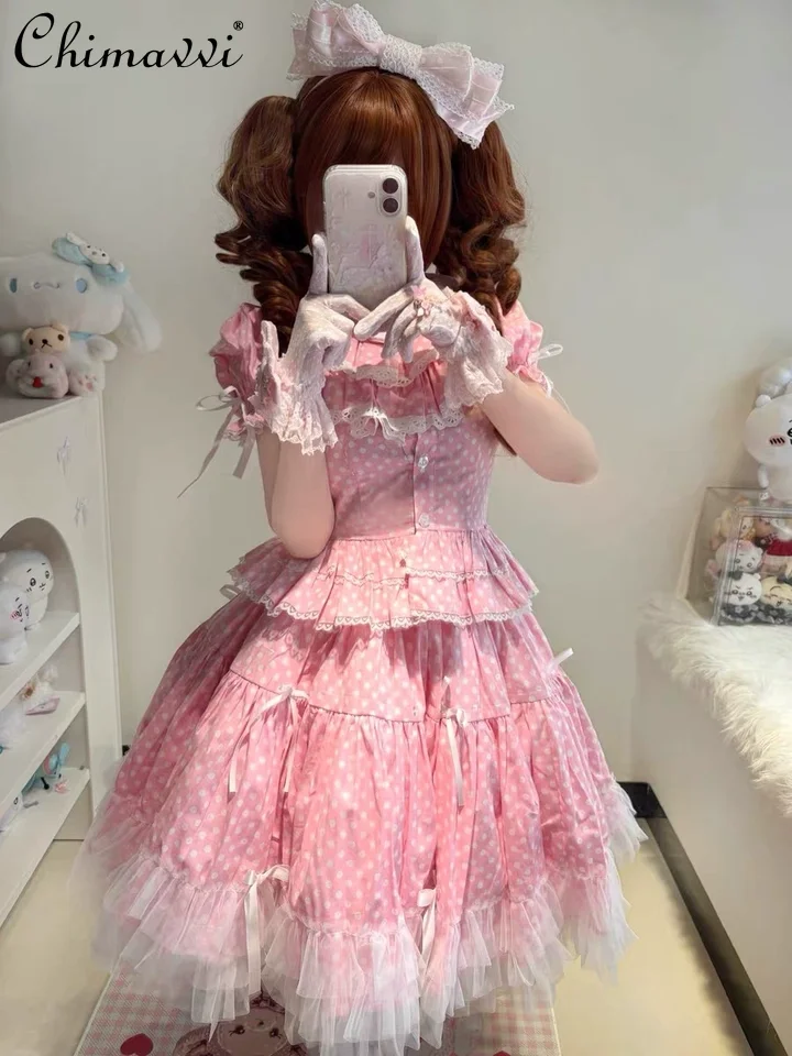 

Original Japanese Sweet Girl Retro Pink Puff Sleeve Shirt Polka Dot Short Sleeve Top Puffy Skirt Set Lolita Womens Two-Piece Set