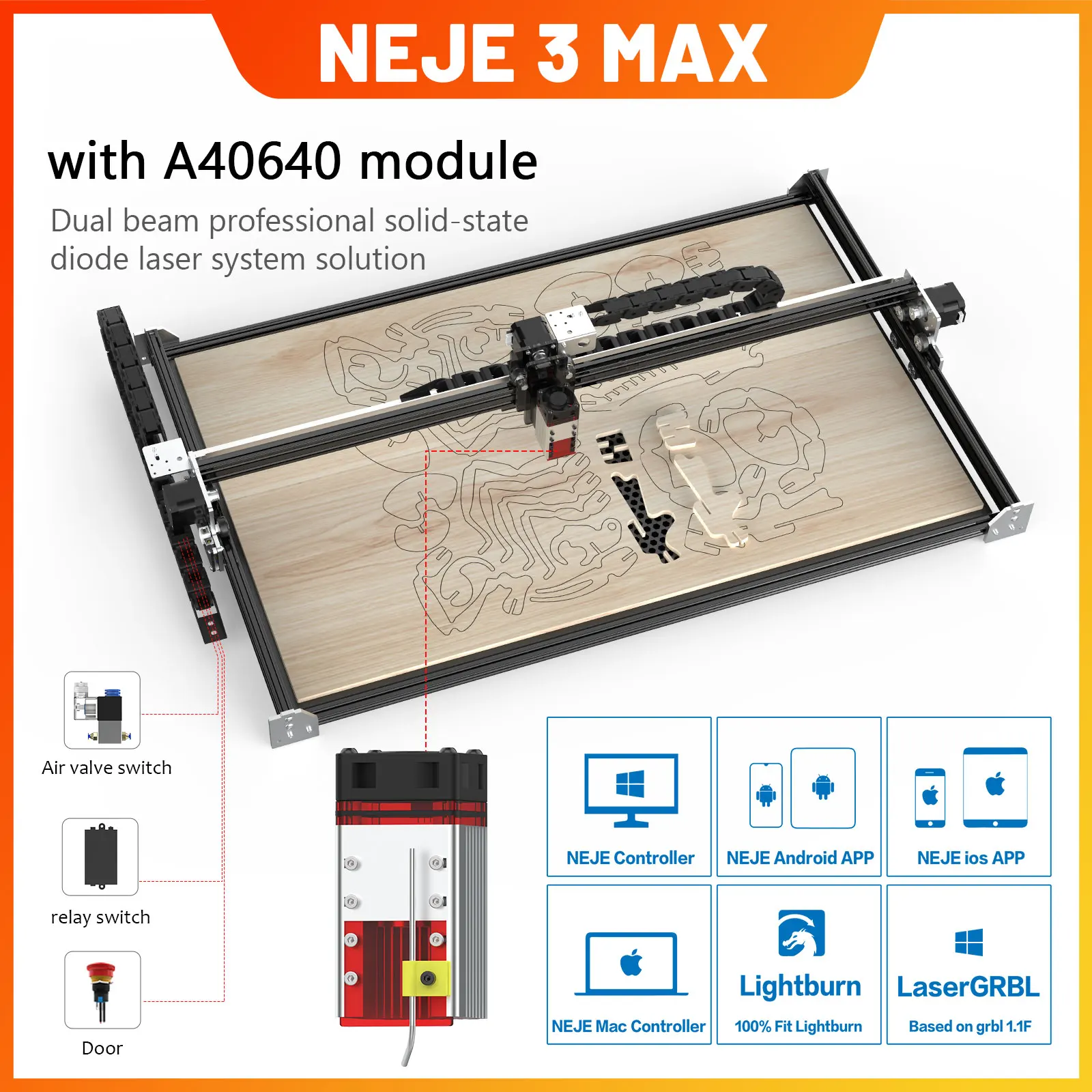 NEJE 3 Max  A40640 Fixed Focal CNC Laser Engraver Wood Cutter Router Printer Stainless Steel Mark Tool Bluetooth APP Control 40W