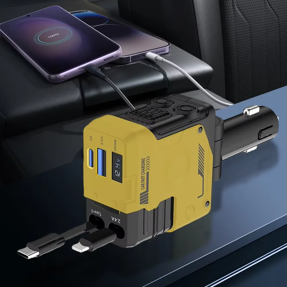 شاحن سيارة 120 وات 4 في 1 محول ولاعة سجائر قابل للسحب مع كابل شحن سريع USB من النوع C لأجهزة iPhone وAndroid