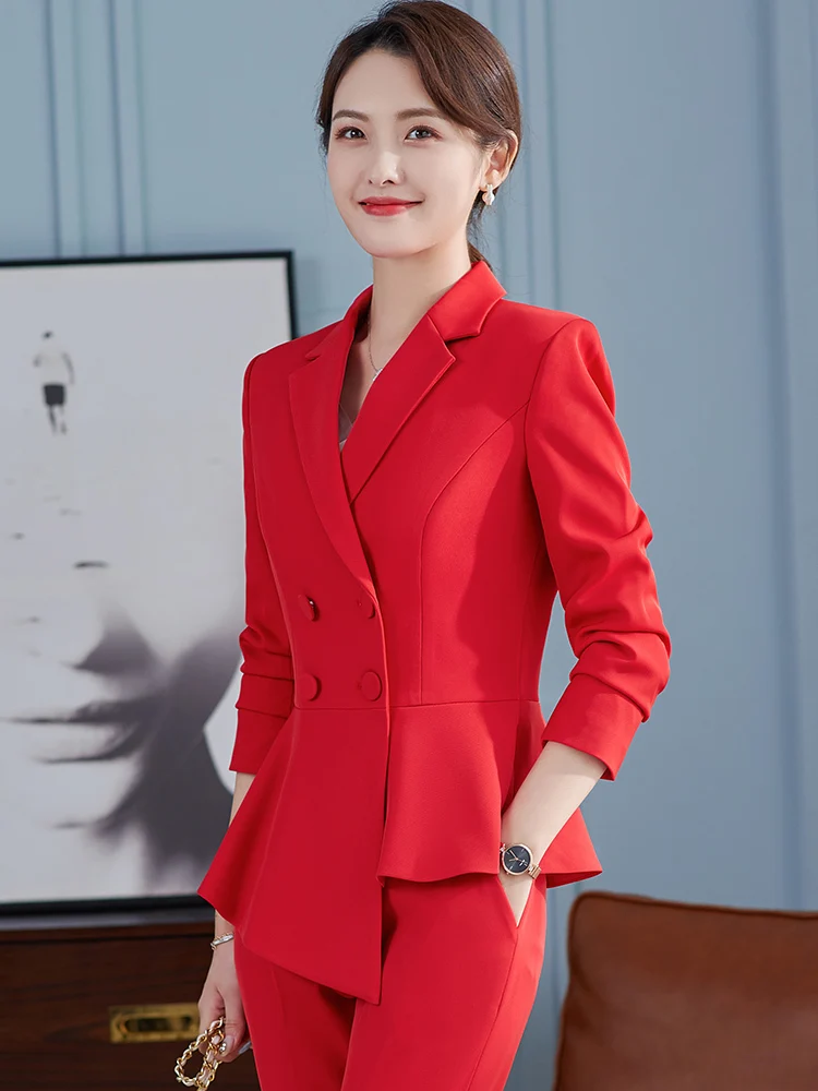 Elegant Maroon Red Formal Uniform Designs Pantsuits With Jackets and Pants Women Business Suits OL Styles Ladies Blazers