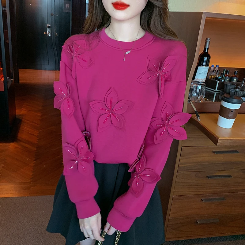 Autumn Spring 2025 Women's Sweatshirt Pullover Top Three-dimensional Flowers 3D Beading Loose Long Sleeve Casual 40914