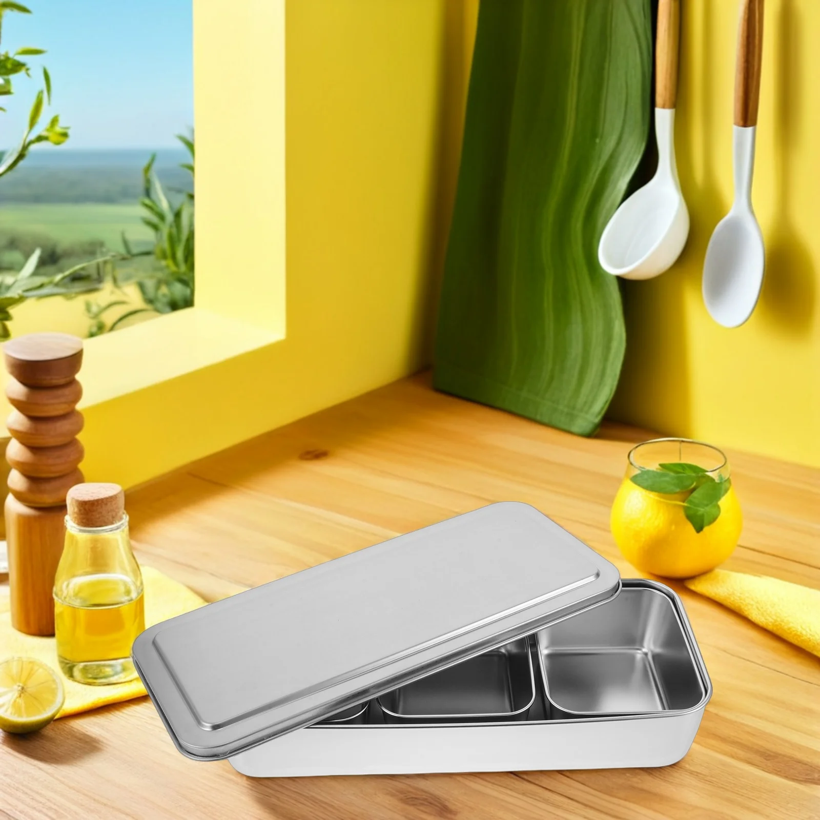 

1pcs Stainless Steel Seasoning Box Multi-Compartment Spice Holder Rustproof Condiment Storage Jar for Kitchen Restaurant Use