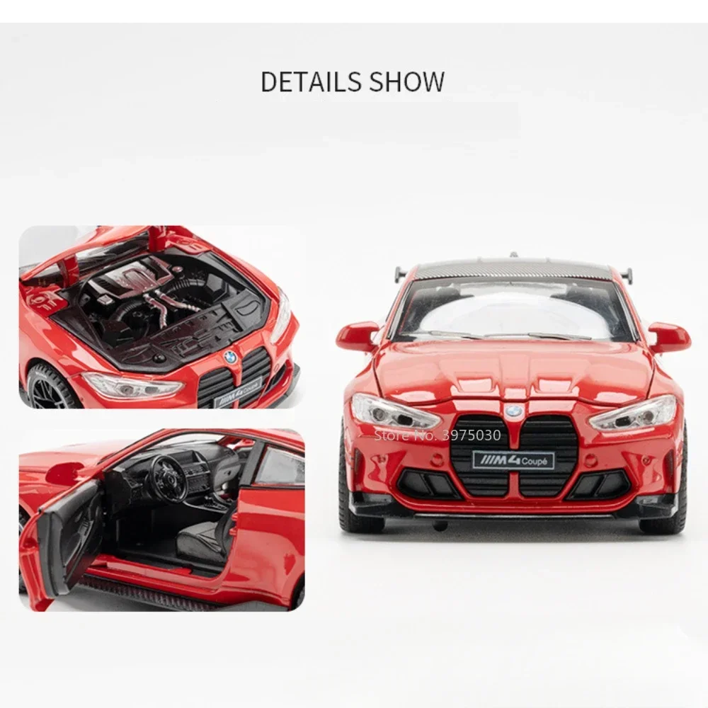 Schaal 1:32 BMW M4 Sportwagens Legering Modellen Speelgoed Rubberen Banden Miniatuur Voertuigen Geluid Licht Trek Auto Kids Collectie Geschenken