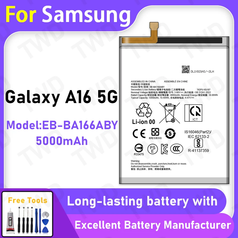 

100% New 5000mAh EB-BA166ABY Battery For Samsung Galaxy A16 5G Battery Replacement Bateria+Free Tools