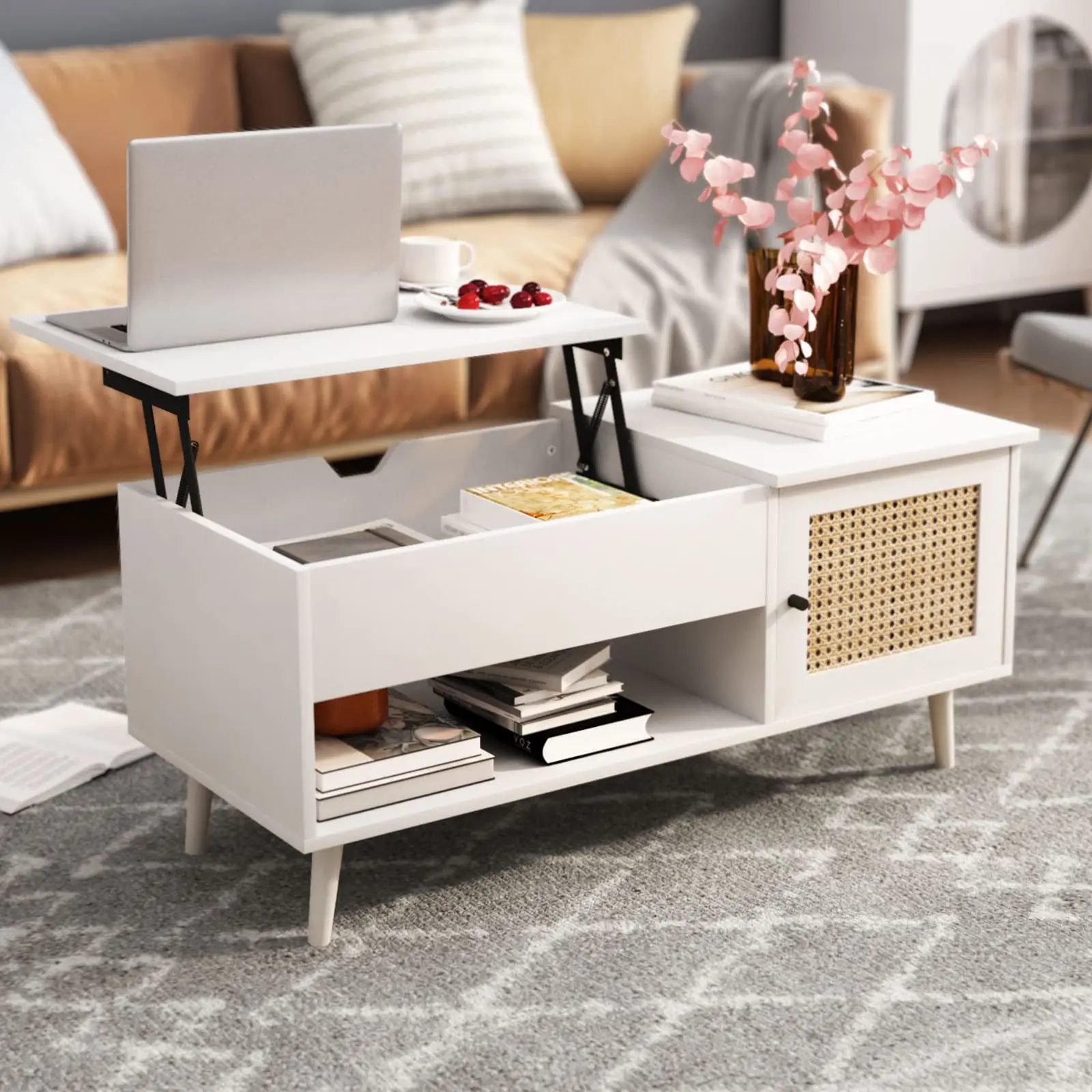 Modern Multi-Functional Coffee Table Extendable with Storage & Lift Top in white / yellow