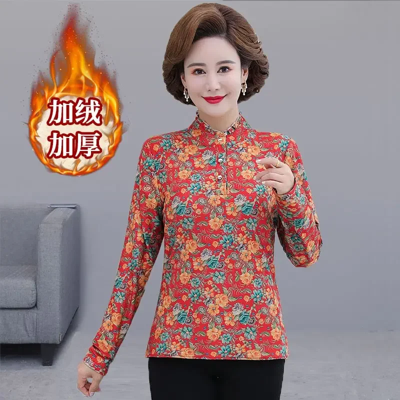 New Style T-shirt for Women with Velvet and Thickened  Collar Loose Fit Middle-aged and Elderly Style Bottoming Shirt