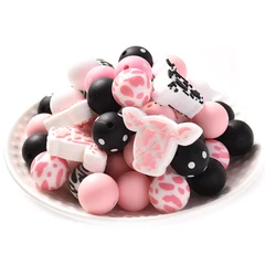 Animal Baby Teether Mix Round Silicone Beads Set Food Grade for Diy Infant Nursing Chew Teether Toy Pacifier Chain Accessories