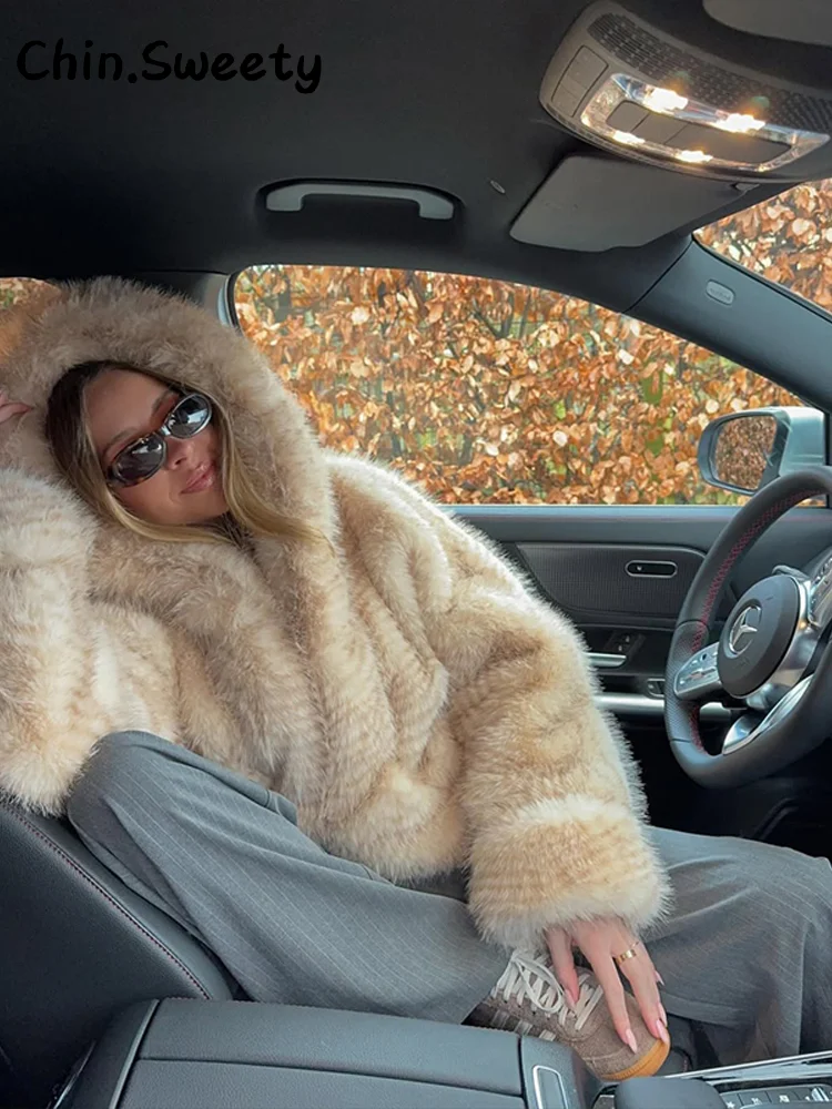 Street Hooded Faux Fur Coat Women Loose Full Sleeve Thicken Fluffy Overcoats Female 2025 Autumn Winter Lady Warm Luxury Outwear