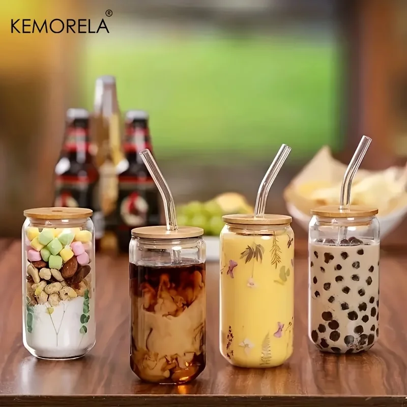 Kemorela 570ml/400ml Glass Cup With Lid and Straw Bubble Tea Cup Juice Glass Beer Can Milk Mug Drinkware Set Dishwasher Safe