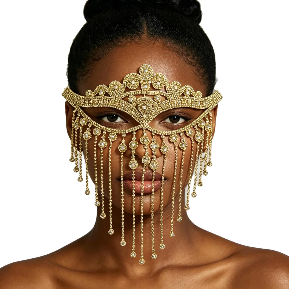 Women Rhinestone Tassel Mask Cosplay Crystal Hollow Face Mask Halloween Masquerade Carnival Wedding Dress Up Party Costume Props