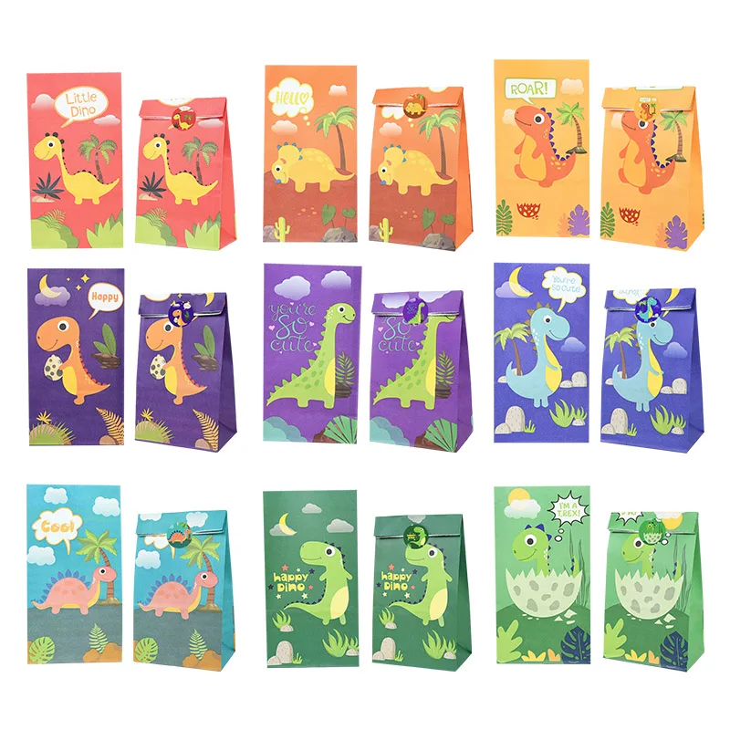 

12pcs Cartoon Dinosaur Paper Candy Cookie Bags With Stickers Kids Gift Packing Bags Jungle Animal Birthday Party Baby Shower