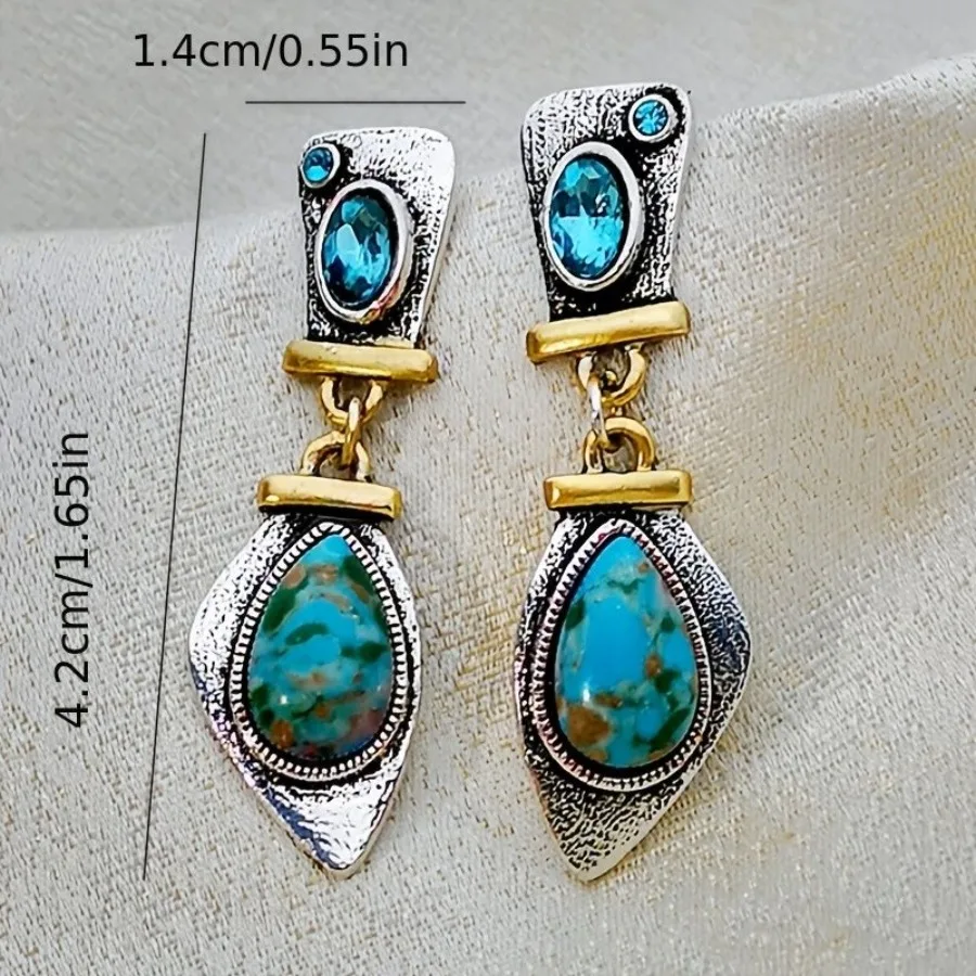 Boucles d'oreilles de luxe en argent antique, Turquoise colorée, bijoux d'oreille plaqués argent 925 haut de gamme