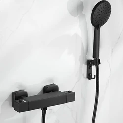 Black/Silver Thermostatic Shower Kit Wall Mount Bathroom Mixer Control Valve Brass ABS Spray-Head Accessory
