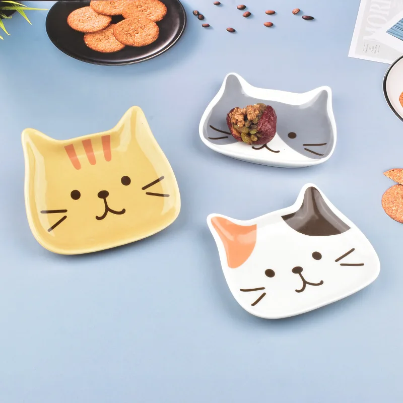 Japanese Ceramic Cartoon Cat Plate 6 Inches Cute Cat Face Snack Plate Children\'s Breakfast Cake Dish Home Kitchen Tableware