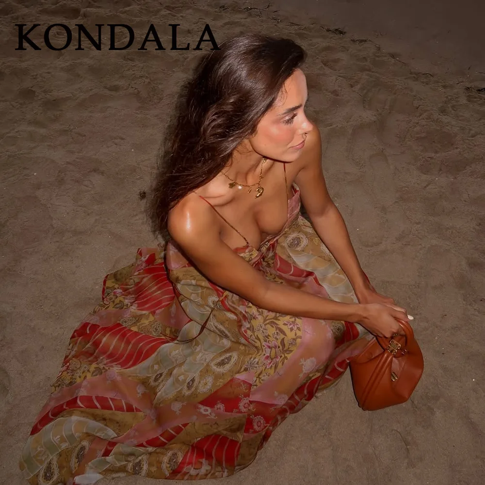 KONDALA 2025 فساتين نسائية لربيع وصيف مثيرة مطبوعة موضة مستقيمة بدون ظهر رسن بدون أكمام فساتين طويلة أنيقة للسيدات