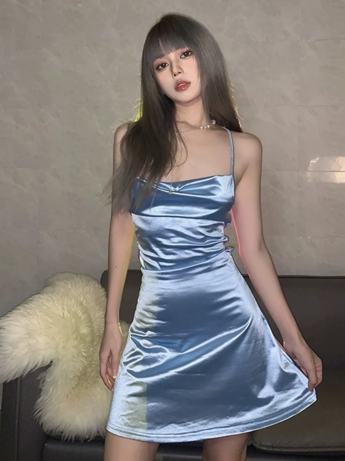 

Sexy Blue Strapl Satin Dr Waist Cinched Bal Design Trendy ort Skirt for Date Comfortable Soft Polyester Fabric