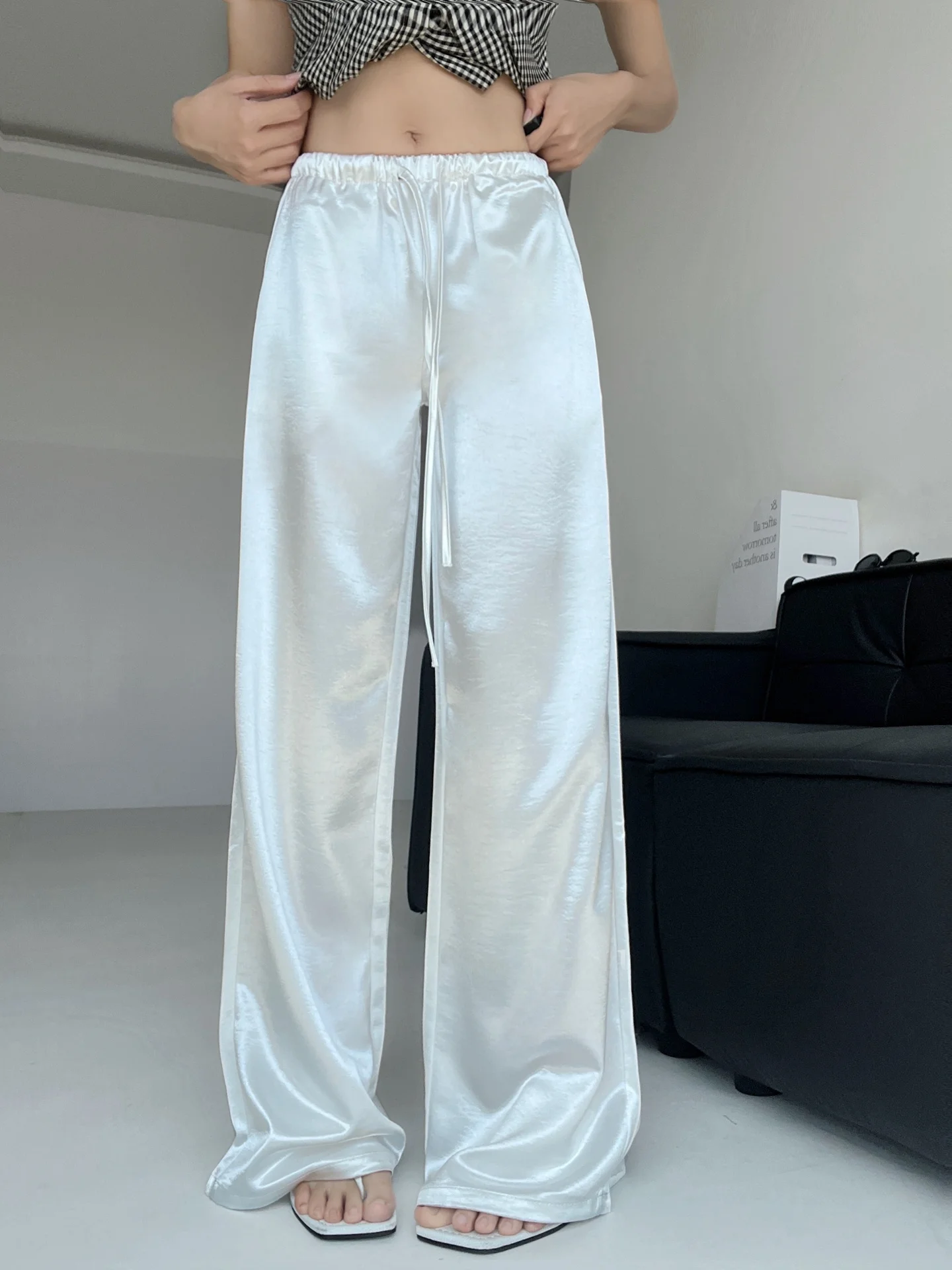Silky Smooth Lightweight Summer Casual Pants Loose Straight Drapey Satin Wide Leg Textured Feel Comfortable Loose Fit Trousers