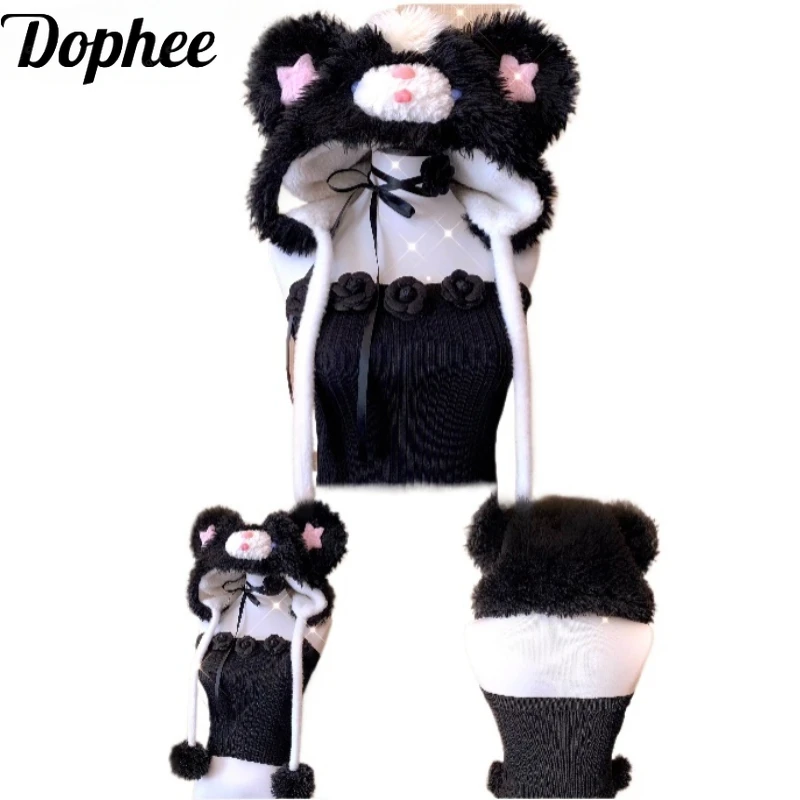 Dophee Original Sweet Girl Gothic Lolita Warm Caps Hamster Ears Windbreak Plush Hats School Students Black Fluffy Beanies Cap