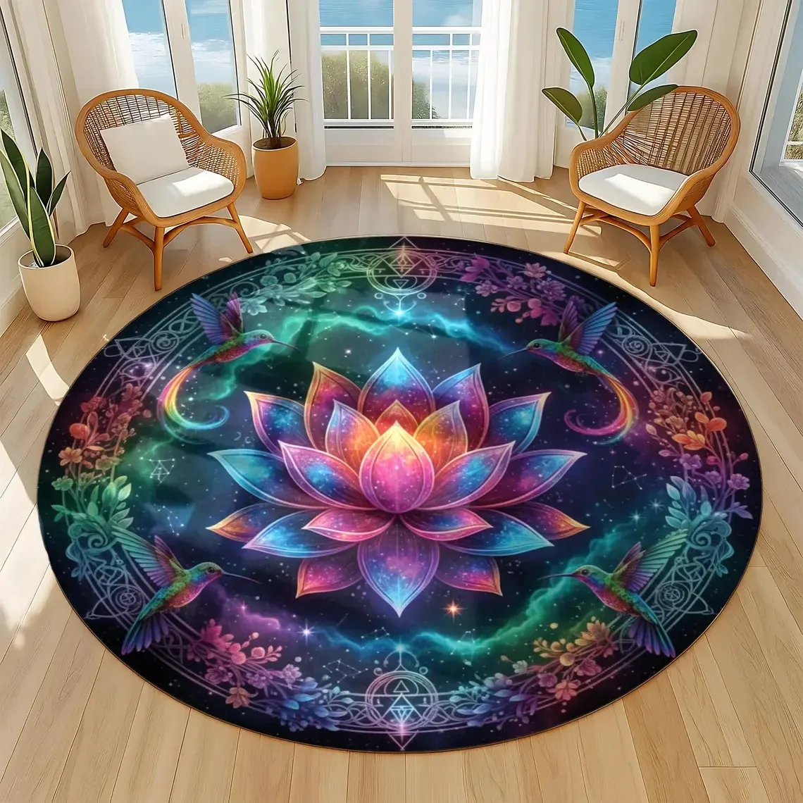 VIKAMA Chakra Meditation Round Area Rug, Non-Slip Yoga Floor Carpet for Spiritual Home Decor, Living Room Bedroom Kitchen