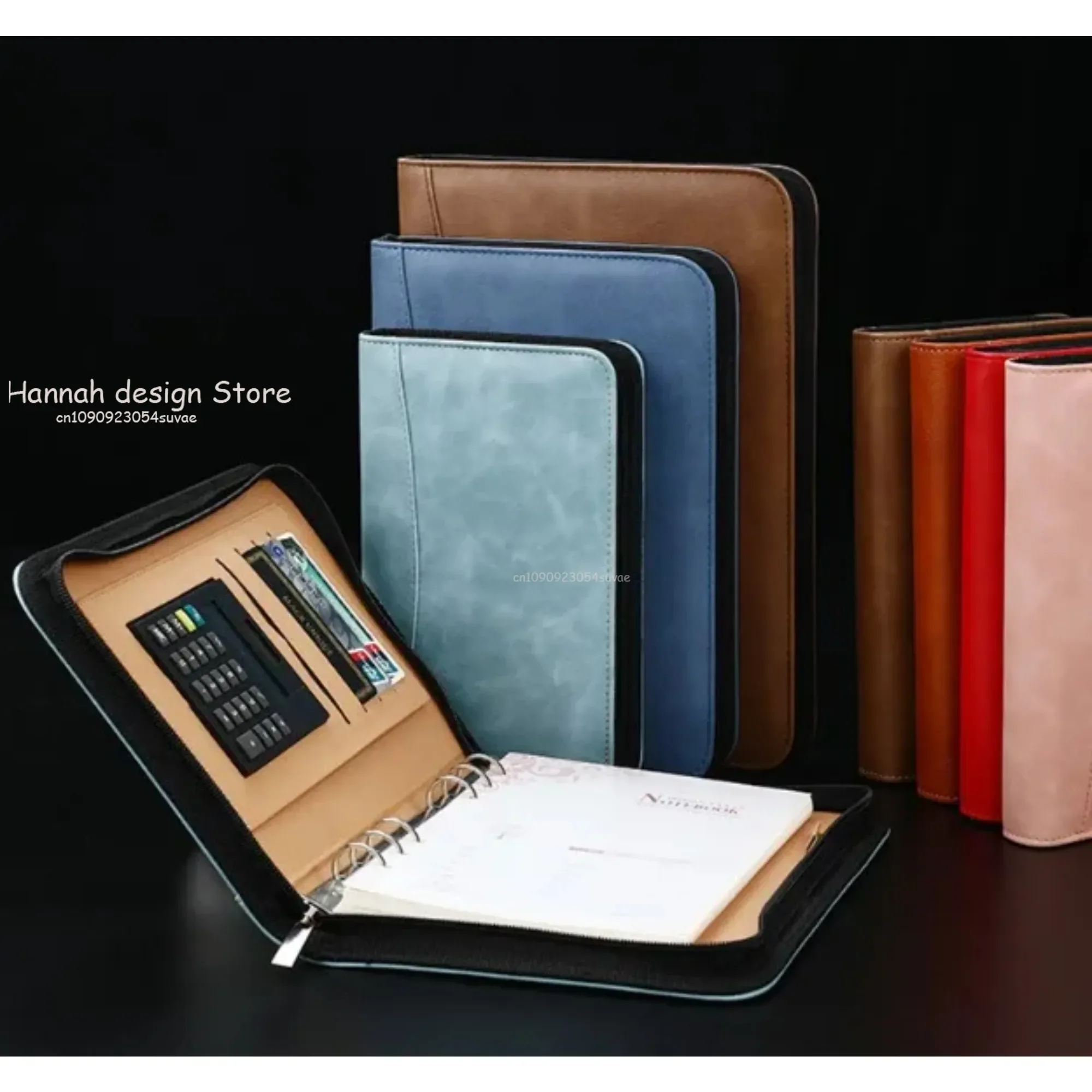 A5 Business Ring Binder Card Slots Travel With Calculator PU Leather Cover Loose Leaf Zipper Notebook Multifunctional