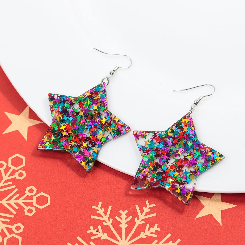 4pair/set Merry Christmas Sequin Star Acrylic Earrings for Women New Glitter Colorful Pentagram Earring Party Jewelry Sets Gifts