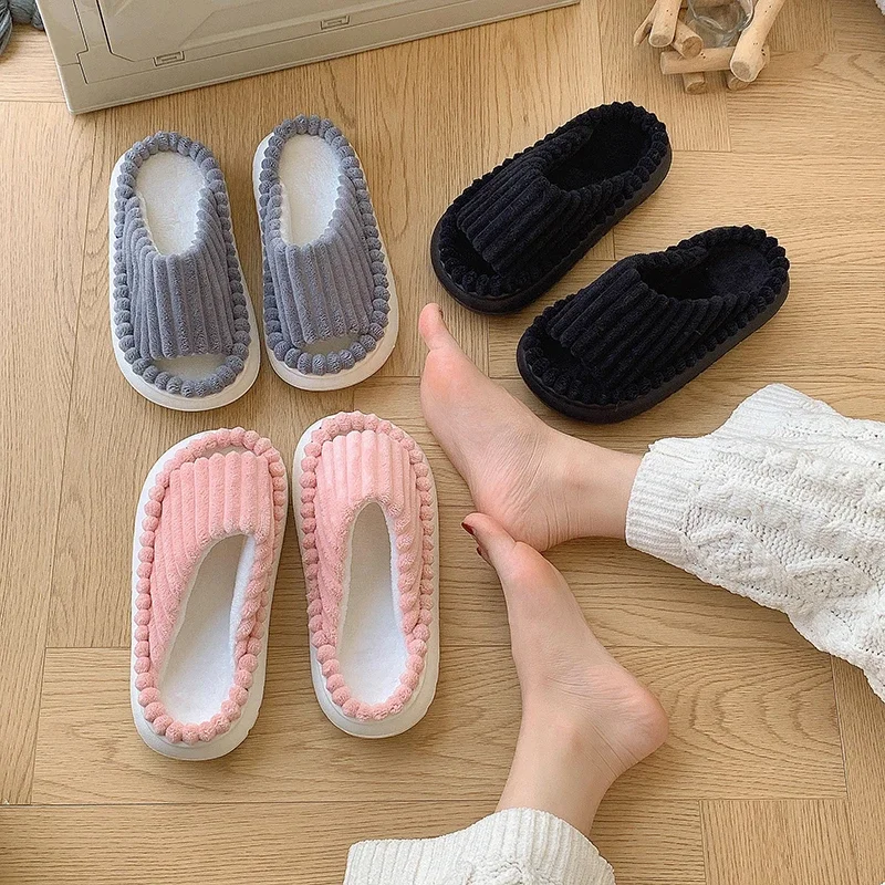 Winter Women Fashion Plush Slippers Open Toe Soft Sole Fluffy House Shoes Woman Indoor Comfort Warm Faux Fur Home Slippers - view 6