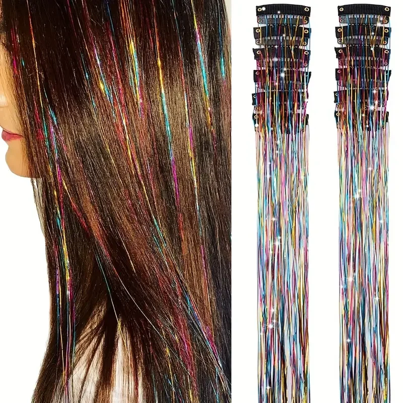 

Similler 12Pcs Synthetic Sparkling Hair Tinsel Extensions Clips 20" Glitter Strands Heat Resistant Shiny Fairy Hair Accessories