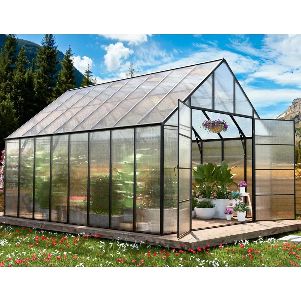 Outdoor Greenhouse 10x10x16 FT, Polycarbonate Green Houses with EZ Assy Connector, Hinged Roof Vent, Swing Doors, Greenhouse