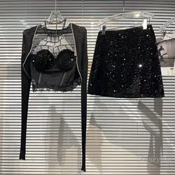 2023 Autumn New Rhinestone Edge Cardigan + Chain Wrapped Chest Strap Tank Top + Sequined Hip Skirt 3 Piece Suit Buy Separately