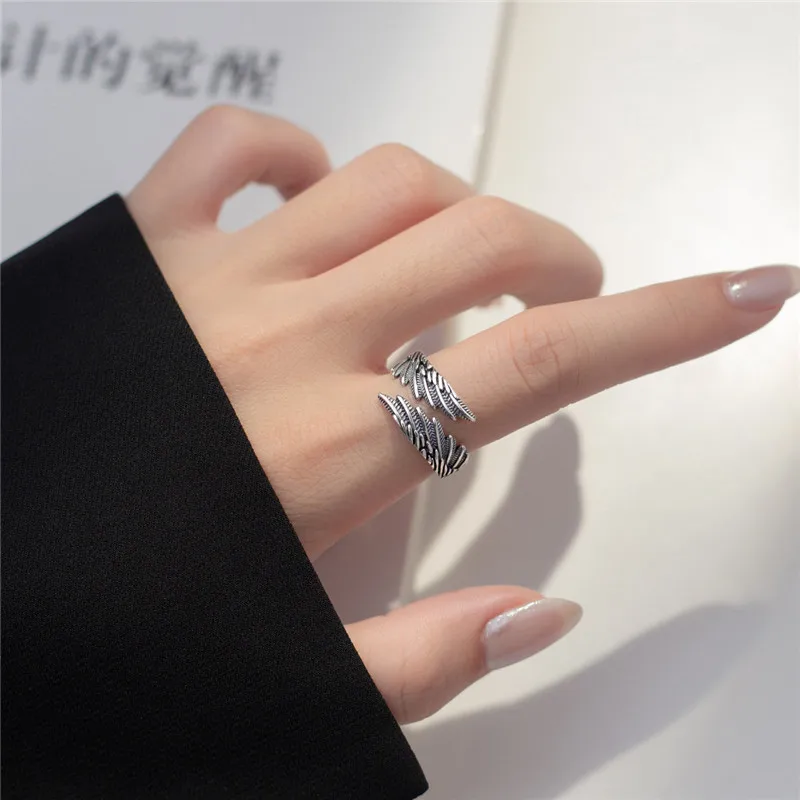 925 Sterling Silver Angel Wings Feather Thai Silver Open Rings For Women Girl Female Open Rings For Women Bague LR039