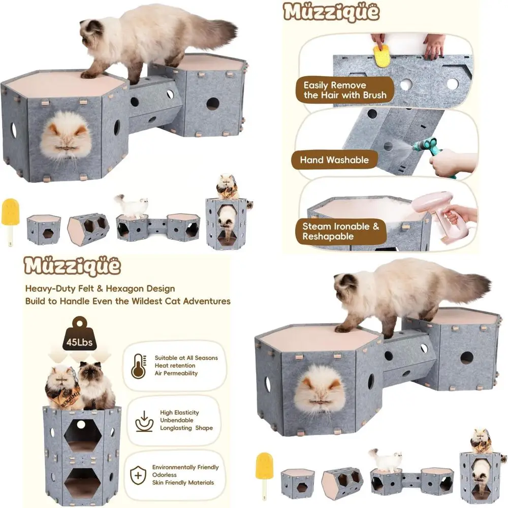 

Modular Felt Tunnel Castle for Indoor Cats & Small Dogs, Hair Brush Included, Stackable Kitty Caves, XL Multi-Story Beds, 2-Tier