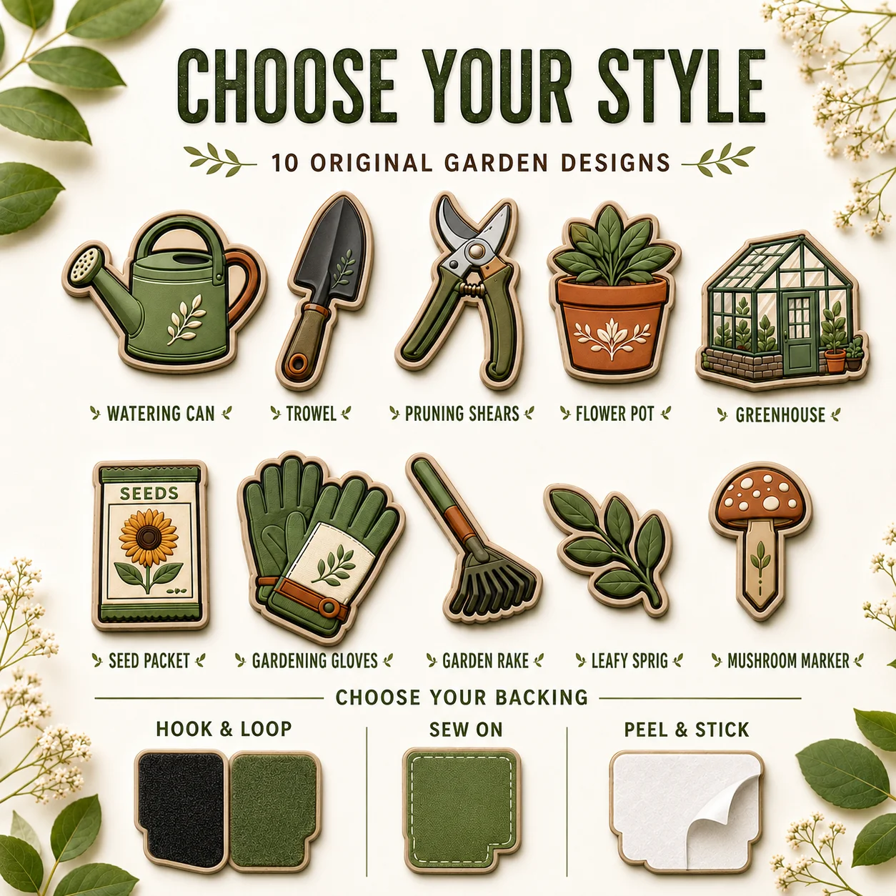 Custom Garden PVC Patches Watering Can Trowel Pruning Shears Flower Pot Greenhouse Hook and Loop Sew On for Bags Jackets Hats