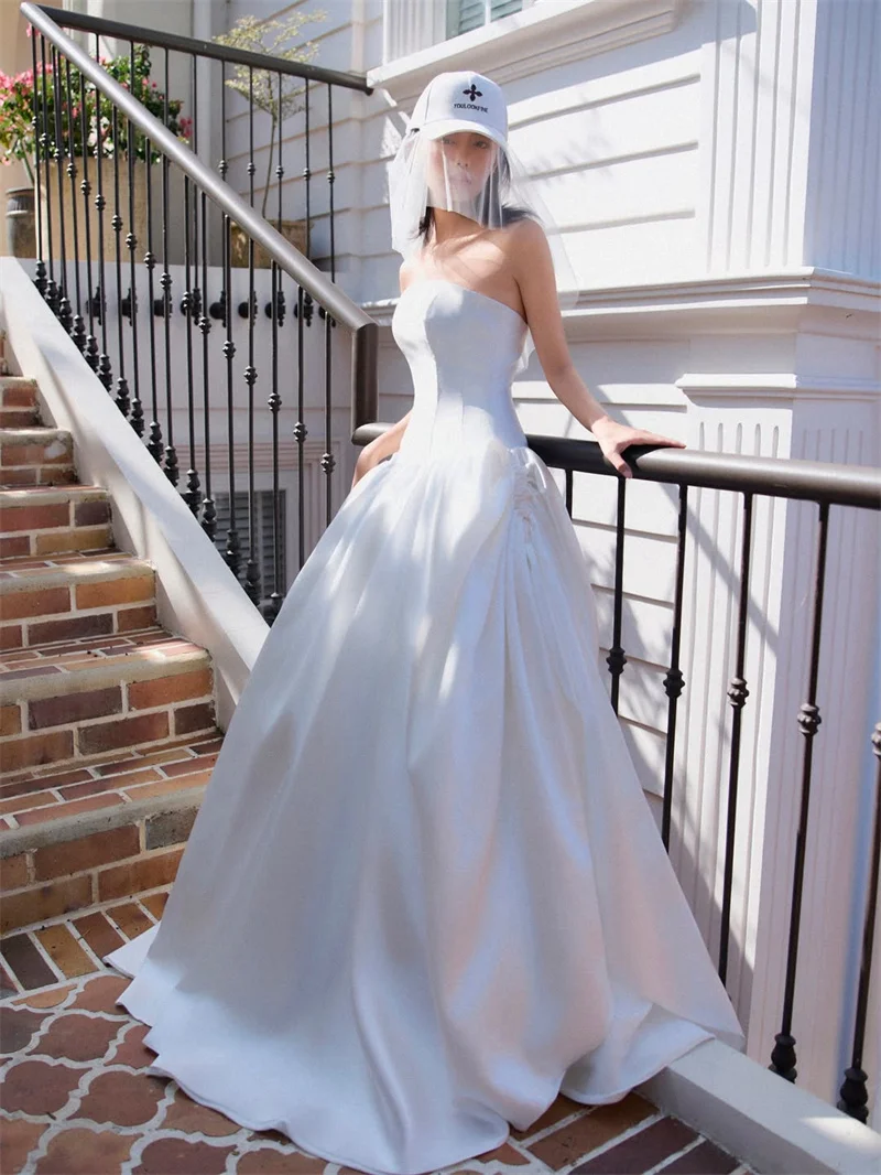 OLOEY-vestidos de novia de satén grueso sin tirantes, línea A, vestidos de novia coreanos hasta el suelo, vestido de recepción Formal personalizado