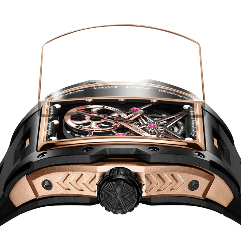 دانيال جورمان DG8166 ساعة أوتوماتيكية هيكل عظمي برميل حافظة سيليكون حزام مضيئة مقاوم للماء ساعات آلية رياضية للرجال