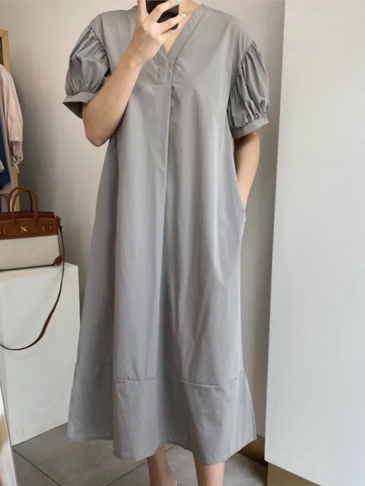 여름 퍼프 슬리브 여성 셔츠 드레스 패션 v 넥 미디 Sundress 빈티지 가운 휴일 보헤미안 드레스 Vestidos