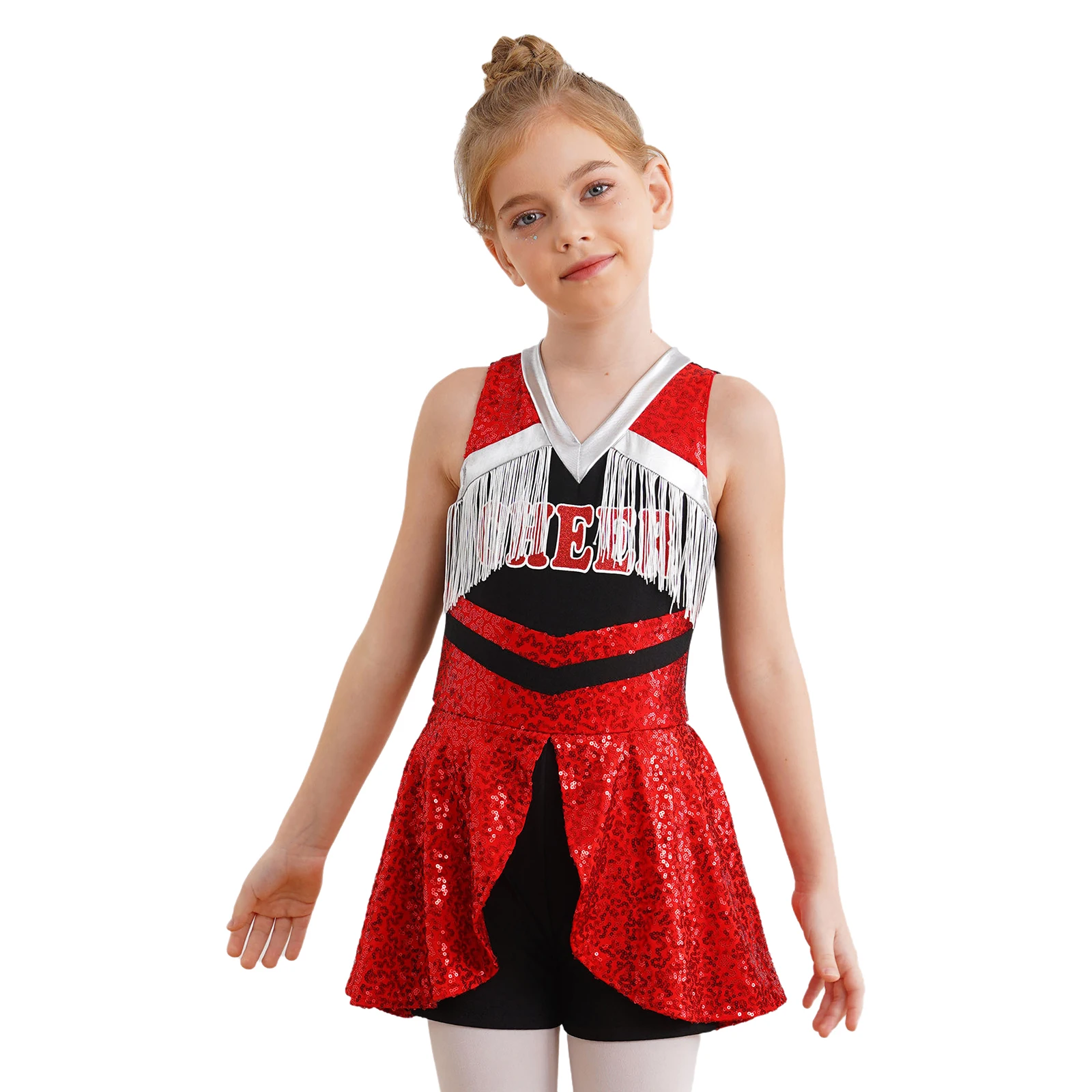 

Sparkling Cheerleader Bodysuit Set for Girls Complete with Flower Ball And Bowknot Hairband Tube Socks for Dance Competitions
