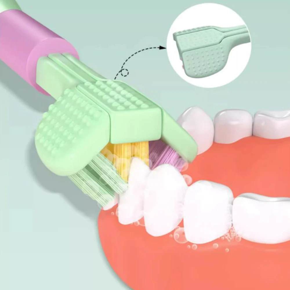 Cepillo de dientes 3D de tres lados para adultos, cepillo de dientes de pelo suave, raspador de lengua, limpieza profunda y completa, herramientas de cepillo de dientes para el cuidado bucal