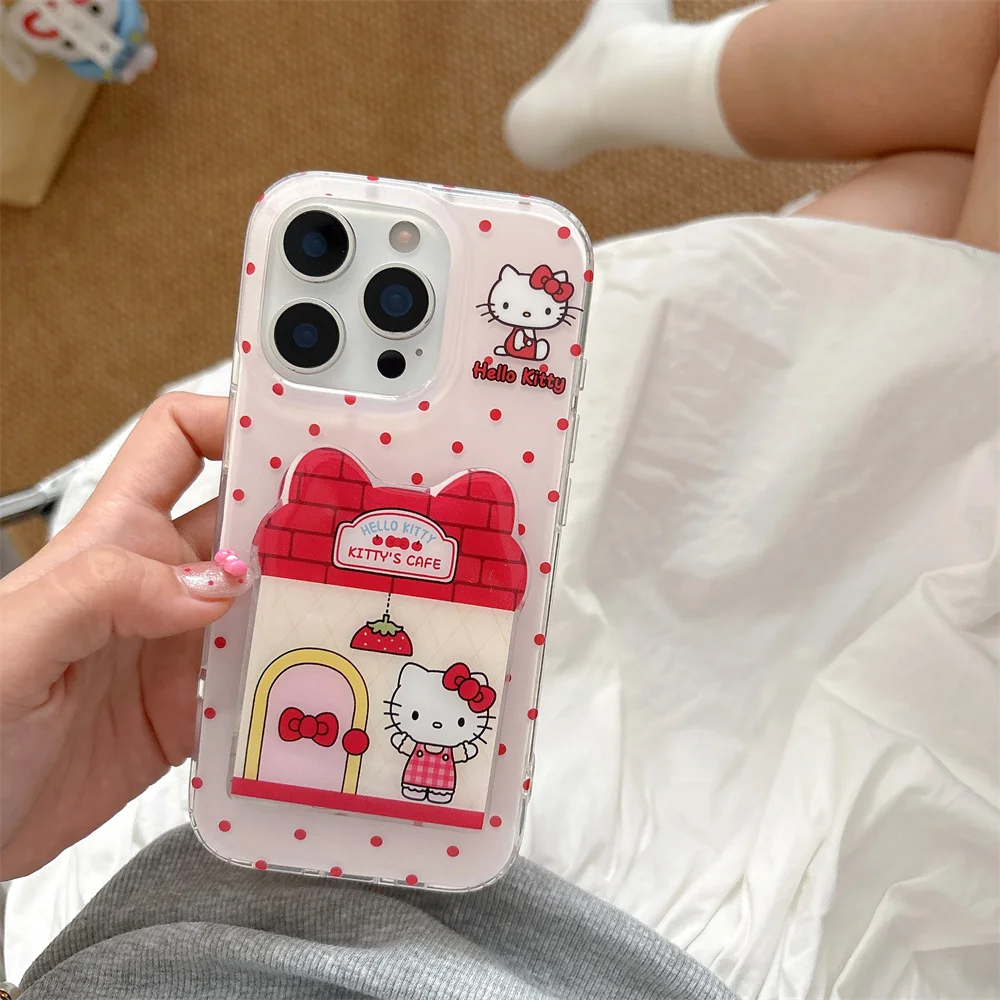

Korean Polka Dot Hellokitty Phone case With Mirror for iPhone 17 16 15 13 14 16 Pro 17 Pro Max Cover Kawaii Cases Silicone Funda