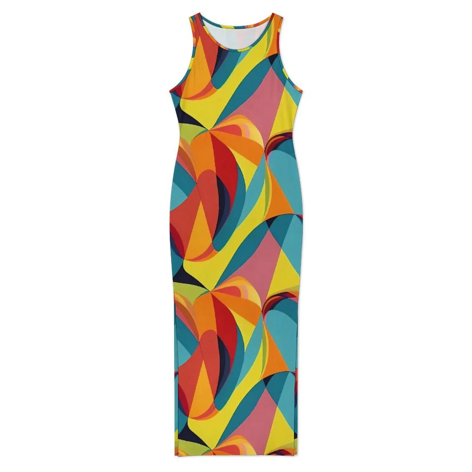 Colorblock bodycon vestido de verão abstrato impressão vintage maxi vestidos mulher sem mangas design rua wear vestido tamanho grande
