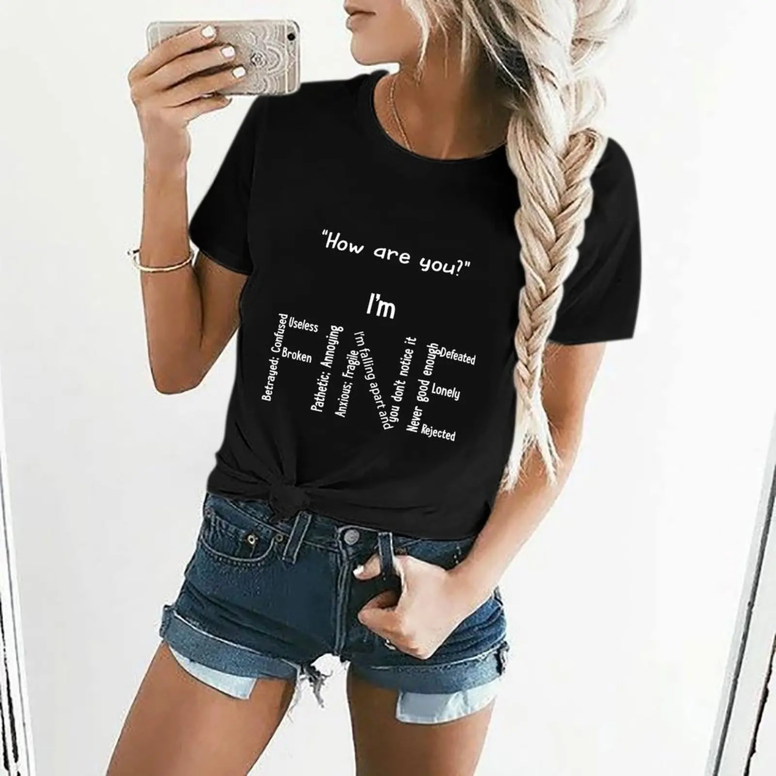 Funny I\'m Fine Depression Mental Health Awareness Women T Shirt Graphic Shirt Casual Short Sleeved Female Tee T-Shirt Size S-4XL