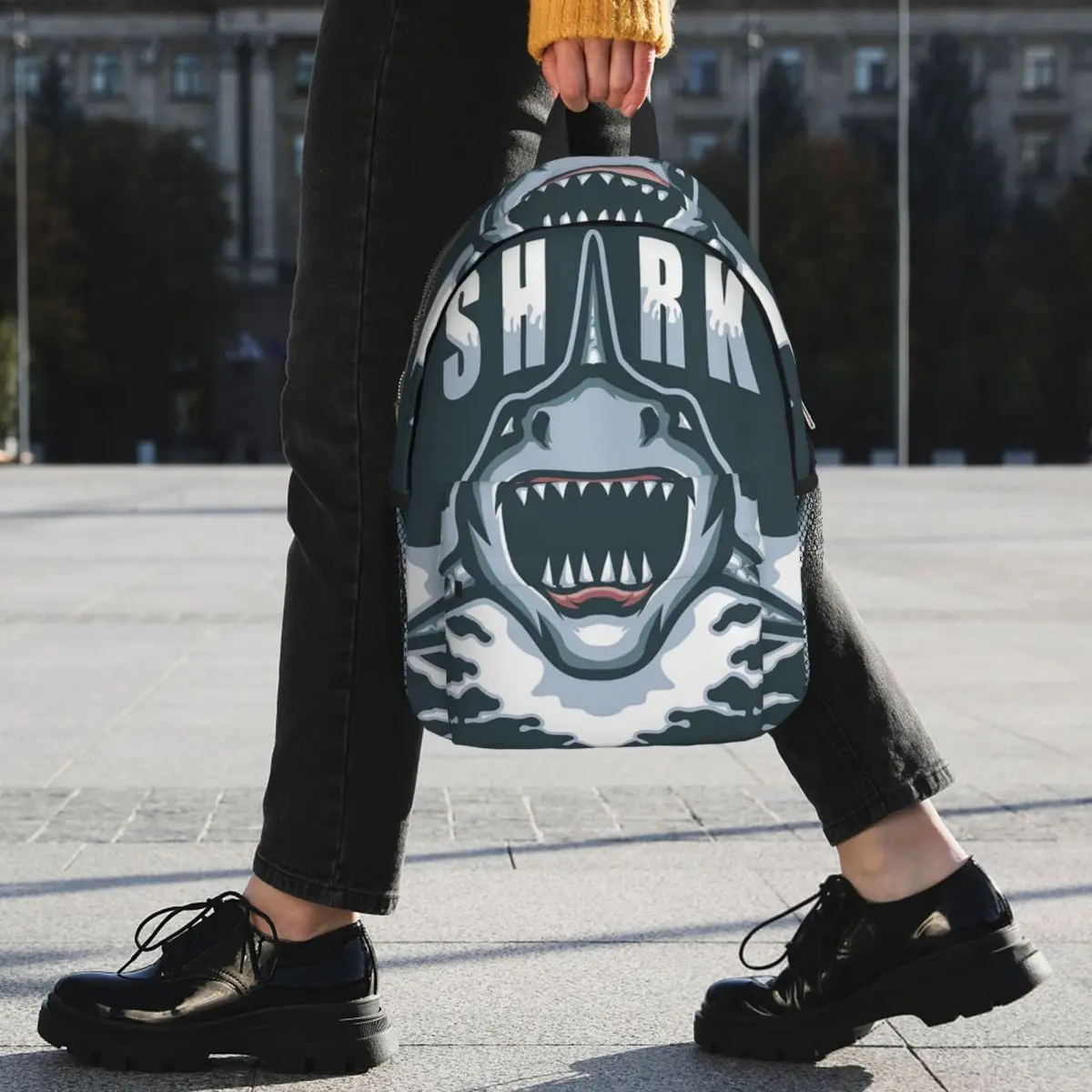 Hand Drawn Stylized Shark Cartoon Backpack Student BookBag Kids School Bag Laptop Shoulder Bags for Men Women