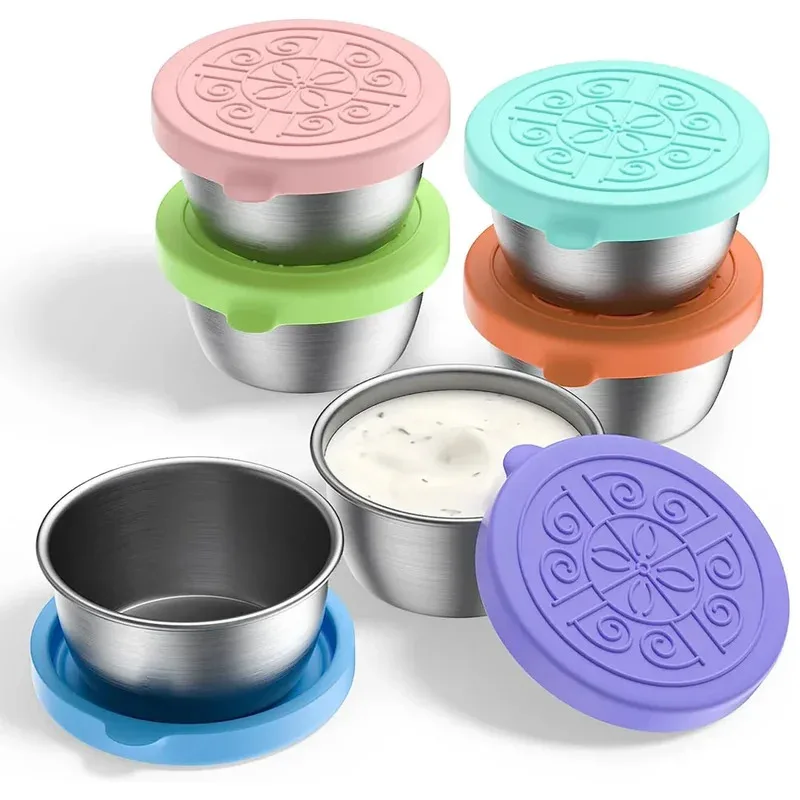 Varios contenedores de almacenamiento de salsa, cajas de salsa reutilizables de acero inoxidable y tapas de silicona a prueba de fugas para fiambreras y picnics