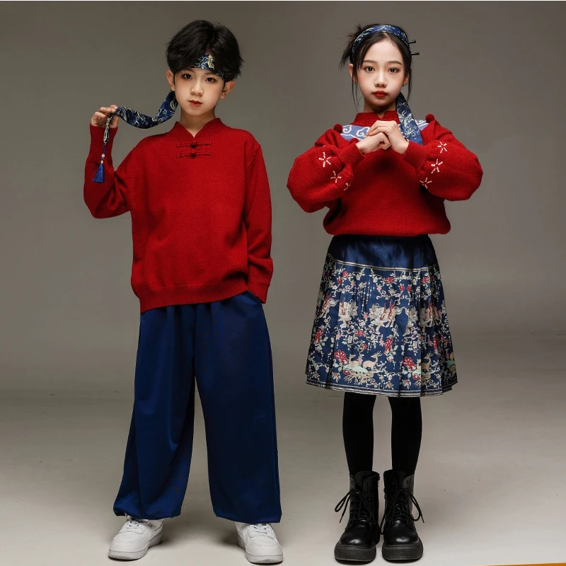 Frühling Festival Childs Jazz Dance Kostüm Für Mädchen Jungen Hip Hop Street Dance Performance Kostüm Chinesischen stil Rot Set XH1896