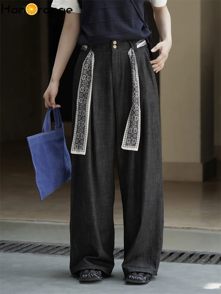 HanOrange 2026 Autumn Fashion Wide Leg Folded Silk Scarf Belt Jeans Women 3D Drop Pants Black/Denim Blue