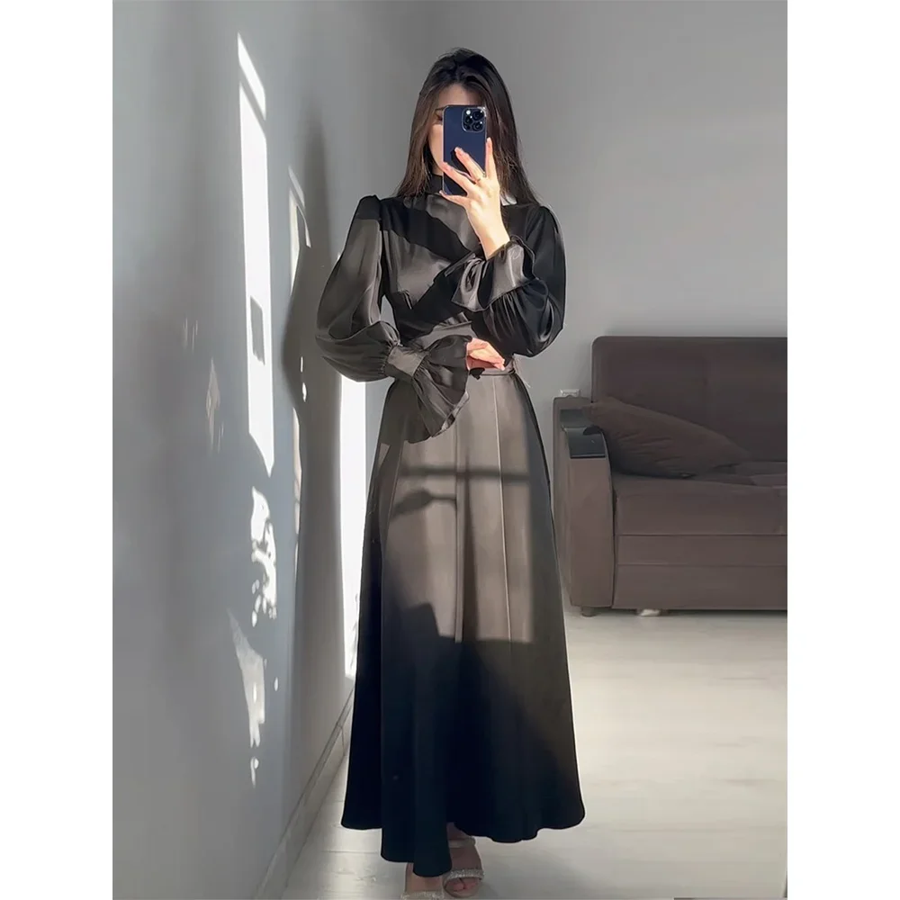 Frühling Eid Muslimischen Kleid Frauen Abaya Slim Fit Blütenblatt Hülse Satin Marokko Party Kleider Ramadan Islam Dubai Arabischen Lange Robe 2024