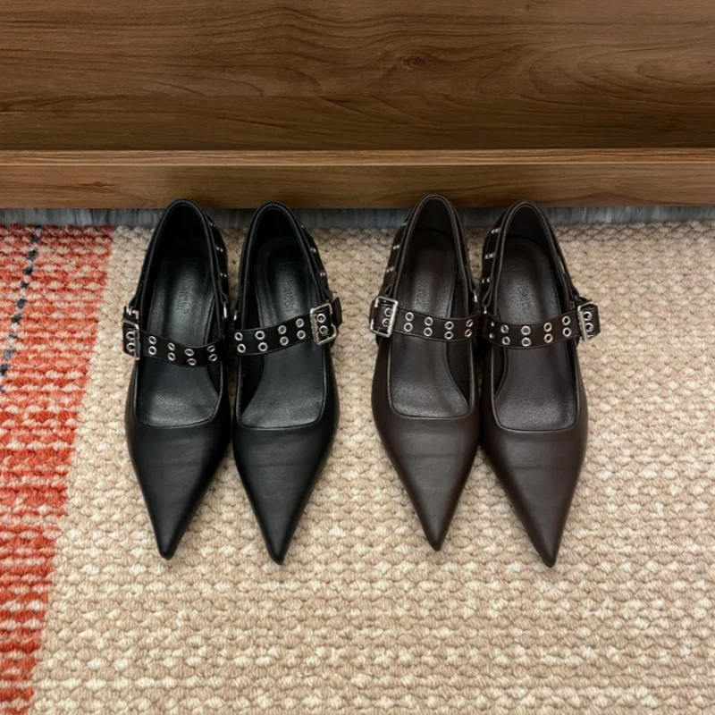 

Luxury Fashion Rivet Buckle Belt Pumps Women's Slip-on Wedge Heel Pointed Toe Shoes Ballet Shoes Women's Loafers